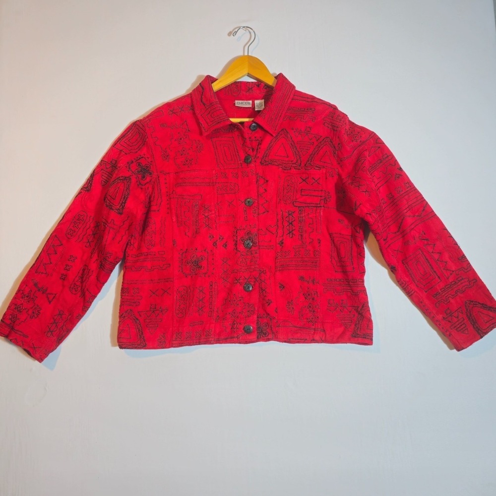 Chico's Jacket Womens 2 Red Embroidered Aztec Geometric Artsy Whimsy Boho Preppy